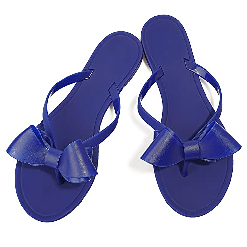 Image of TYFLOVE Women Rivet Flip Flops Studded Jelly Thong Sandals with Bow Summer Bowtie Flat Beach Rain Shoes