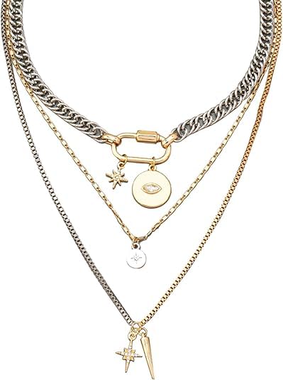 QCWN Necklace Stack for Women Mixed Metal Gold and Silver Necklace Two Tone Layered Necklaces for Women Chunky Paperclip Chain Coin Pendant Statement Jewelry Trendy Silver and Gold Jewelry Gifts