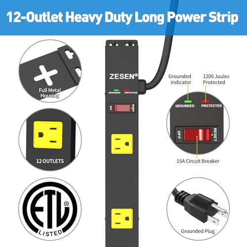 Image of 12 Outlet Long Power Strips Heavy Duty Wide-Spaced Outlets Industrial Power Strip Surge Protector with 4ft Cord for Garage Workshop Office Home, ETL Certified, 1875W, Black