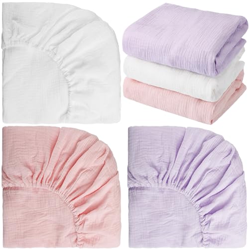 Image of Newwiee 3 Pcs Muslin Crib Sheets for Girls and Boys 24'' x 38'' Cotton Soft Fitted Baby Bed Sheets for Crib Mattress(Graceful)