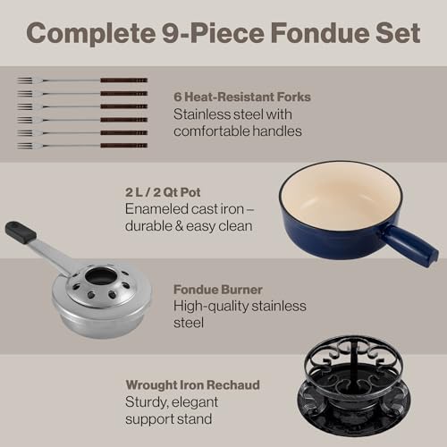 Image of Swissmar Lugano Cast Iron Cheese Fondue Set, 9-Piece, 2 QT / 2 L - Ideal for Melting Cheese, Chocolates, Caramel, & More - Perfect for Kitchen Collection & Gift Giving - Deep Blue