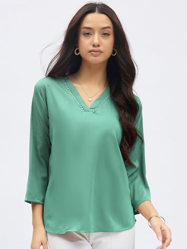 Image of SheWill Printed Top with Contrast Tipping - Stylish Ethnic & Western Tops for Women - Summer Travel Wear, Trendy Tops for Jeans, Lightweight & Comfortable Casual Wear