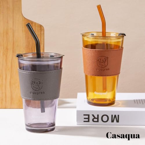 Image of Glass Tumbler with Lid & Straw - 450ml, Set of 1, Iced Coffee Cup, Clear Drinking Glass with Silicone Grip Sleeve, Leak-Resistant Lid, Travel Tumbler for Coffee, Tea, Smoothies & Office Use