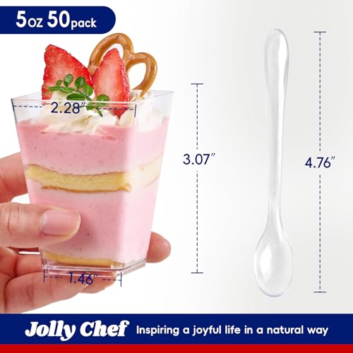 JOLLY CHEF 50 Pack &100 Pack 5 oz Plastic Dessert Cups with Lids & Disposable Square Dessert Shooter Cups