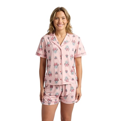 Disneys Minnie Mouse Womens Notch Collar Button-Down Shirt and Shorts Sleepwear Set -Medium