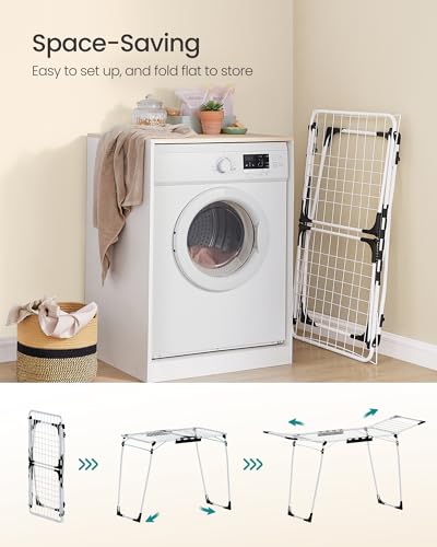 SONGMICS Clothes Drying Rack, 56.5 x 173 x 96.5 cm Winged Clothes Airer, Space-Saving Laundry Drying Rack, with Sock Clips, Metal Structure, for Clothes, Towels, Linens, White LLR518W01 - Image 5