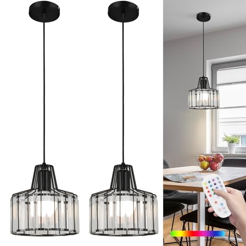 Battery Operated Pendant Lights Rechargeable Pendant Light with Remote Crystal LED Pendant Light Fixtures for Kitchen Island Black Modern Hanging Lights for Bedroom Dining Room Hallway Entryway