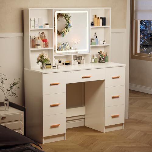Zvivofla Vanity Desk with Mirror and Lights, Makeup Vanity with Openable Mirror and 7 Drawers, Dressing Table with Power Outlet and 3 Lighting Colors, Makeup Vanity Set for Bedroom - Thumbnail 2