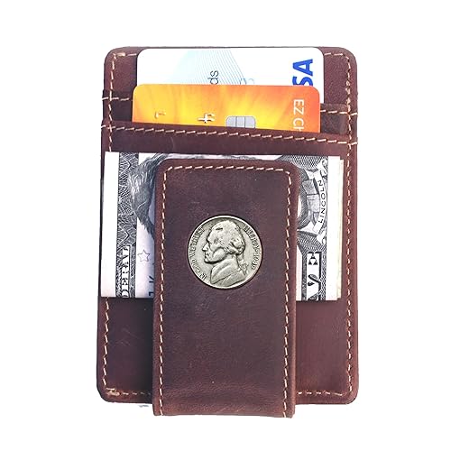 US 1949 Jefferson Nickel Circulated 5 Cent Coin Magnetic Money Clip and Wallet Combo New - Crazy Horse Water Buffalo Leather