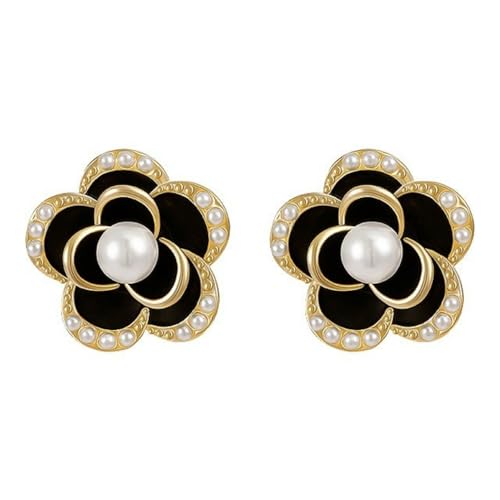 Floral Pearl Earrings With Black Enamel, 14K Gold Plated Flower Studs for Women - Camellia Black Cute Pearl Design