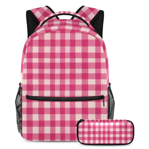Sac à dos rose style écossais rétro avec trousse à crayons assortie