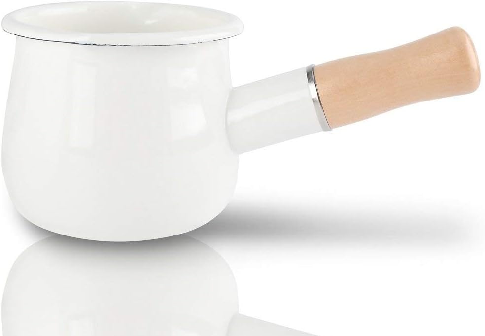 Liseng Enamel Milk Pan, Warmer 10cm Enamelware Saucepan Pan with Wooden Handle