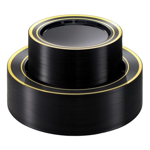 BESTVIP 100PCS Black Plastic Plate with Gold Rim Disposable Party Plates with 50 Dinner Plates and 50 Dessert Plates Plastic Plates for Party Wedding and Birthday