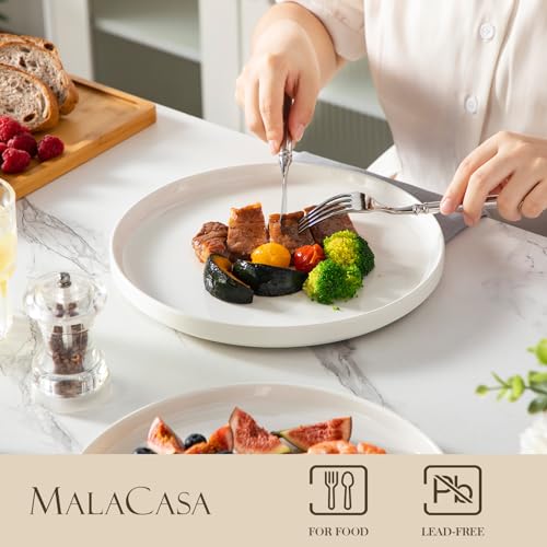 MALACASA Dinner Plates Set, 10.25 Inch Ceramic Large Dinner Plates Set of 6, Porcelain Modern White, Scratch Resistant Dishware for Dessert/Pasta, Elegant Raised Edge, Serving Plates Set, Series Leah - Image 4