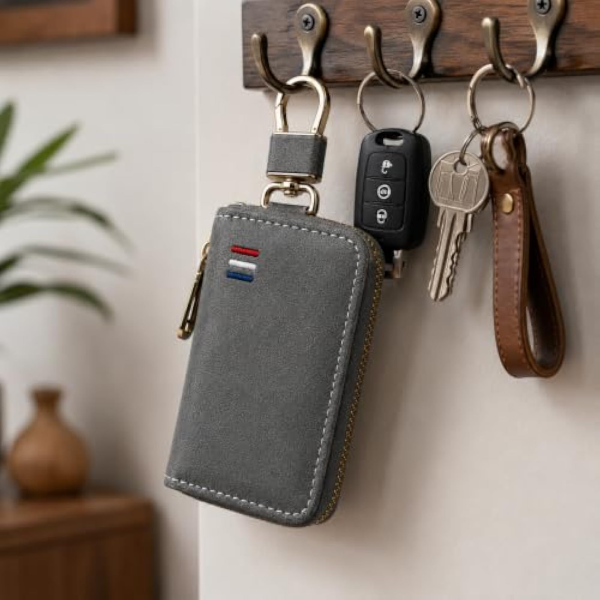 PU Leather Car Key Cover with Zipper & Metal Hook