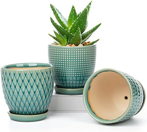 Oairse 3PCS Plant Pots Indoor Ceramic Flower Pots Round Garden Planters with Saucer Tray + Drainage Holes, Succulent Plant Pot/Cactus Plant Pot, 11CM