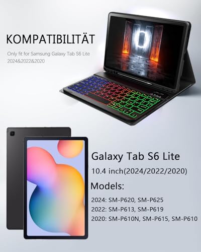 MicroTunk für Samsung Galaxy Tab S6 Lite (2024/2022/2020) 10.4 Zoll Hülle mit Kabelloses Bluetooth Beleuchtete Farbige Deutsch Tastatur (QWERTZ) und Maus, Magnetisch Abnehmbar, Backlit Keyboard Case