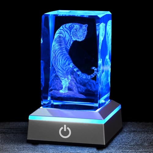 Image of 3D Tiger Crystal Night Light with Multicolor LED Base Glass Laser Engraved White Tiger Lamp Figurines Gifts for Boys Girls Lovers Birthday Christmas Room Decor