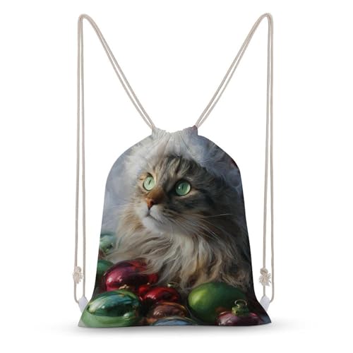 Christmas Cat with Green Eyes Drawstring Backpack Canvas String Bag Lightweight Sports Gym Bag for Men Women