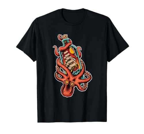 Octopus and Clipper Ship in Bottle Tattoo Tee, Old School Sailor T-Shirt