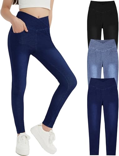 EXARUS Girls 3 Pack Jeggings Skinny/Flare Crossover Stretch Jeans High Waisted Pull on Casual School Pants Teens 8-14Y