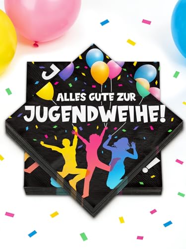 40 Stück Servietten Jugendweihe Deko Alles Gute zur Jugendweihe! Schwarz mit Buntem Motiv (Springende Figur & Ballons) Jugendweihe Party Deko Tischdeko für Jungen & Mädchen