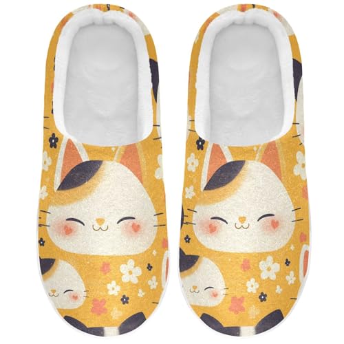 JUNZAN Cute Cartoon Cats Faces Yellow Womens Cotton Slippers Breathable Memory Foam Ladies Slippers for Bedroom Birthday Presents 6-7