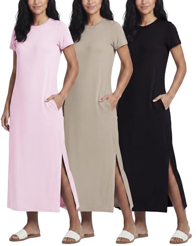 Image of Real Essentials 3 Pack Women's Casual Short Sleeve Maxi T-Shirt Dress with Slit (Available in Plus Size)