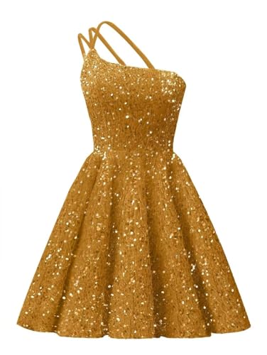 HPPEE Vestido de fiesta de cóctel con lentejuelas y un hombro descubierto para adolescentes, sin mangas, largo hasta la rodilla, dorado, 34