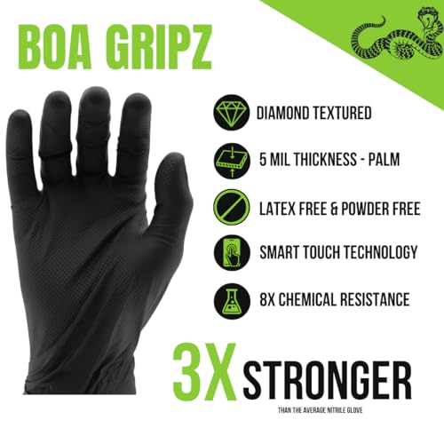 TG TOUGH GLOVE BOA Gripz (L) Nitrile Gloves (Pack Of 50) | Strong Black Disposable Gloves | Diamond Textured | Powder & Latex Free Strong Midweight Mechanic Industrial Glove