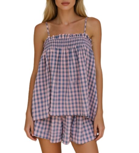 Lordree Women Gingham Pajama Set Cute Peplum Babydoll Cami Top and Shorts Set Ruffle 2 Piece Pjs Summer Matching Sets