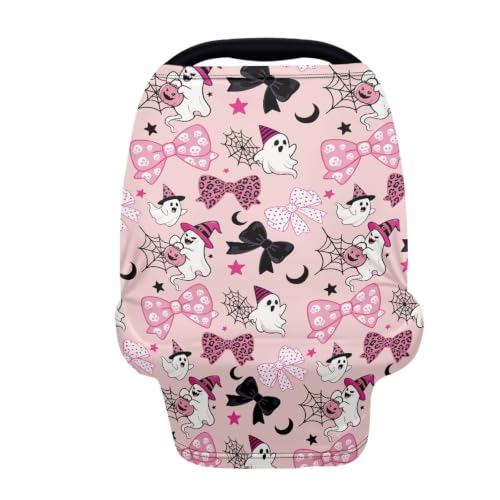 Image of Wanyint Stretchy Nursing Scarf Car Seat Canopy Baby Car Seat Cover, Baby Breastfeeding Stroller High Chair Shopping Cart Cover for Infant Halloween Decor, Cute Ghost Bow Moon Star Pink