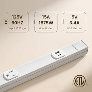 SURAIELEC 2 Pack Under Cabinet Power Strip Hardwire, 39.4-in, 6 Tamper Resistant Outlets with USB-A & USB-C, Seamless Under Cabinet Outlet, Power Strip for Kitchen, Workshop, ETL Listed, White
