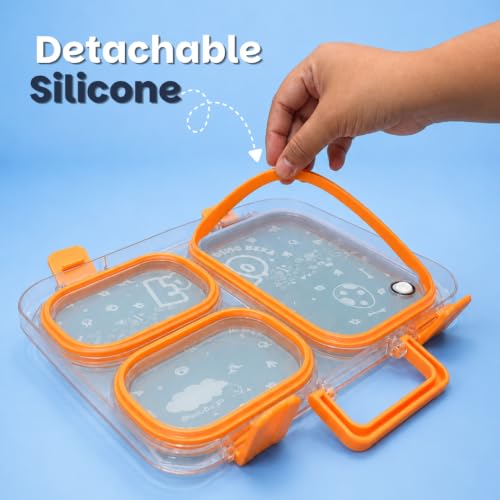 Image of Famyo Bento Lunch Box for Kids, Rexy Dino | Leakproof, Stainless Steel, 3 Compartment, 4 Clip Lock & Secret Compartment, BPA Free