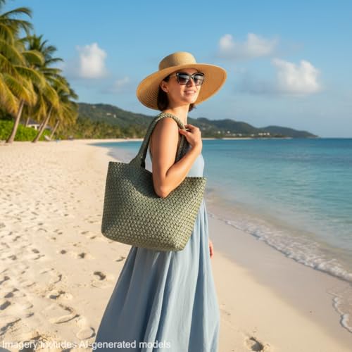 Image of BOYATU Woven Tote Bag for Women: Vegan Leather Purse with 1 Zipper Clutch - Handwoven Tote for Travel Vacation Beach Weekend