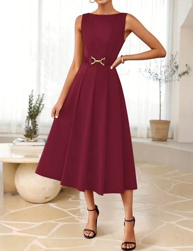 Image of ZESICA Women Summer Sleeveless Midi Dresses 2026 Elegant Boat Neck A Line Tie Waist Spring Cocktail Party Dress