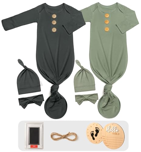 2Pk Newborn Baby Knotted Gowns, Soft Sleeper Coming Home Outfit with Hello World Announcement Sign & Ink Pad for Baby Birth