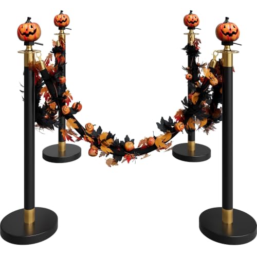 Image of 4 Pack Halloween Pumpkin Head Black&Gold Stanchions and Velvet Ropes Set, Stainless Steel Crowd Control Barriers,3Pcs Black Ropes and Poles for Party,Photobooth Accessories, Prom,Halloween Decorations