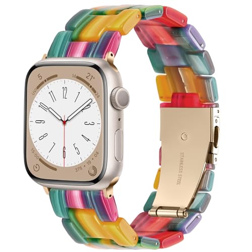 Lerobo Resin Band Compatible with Apple Watch Bands 44mm 45mm 46mm 49mm Women, Fancy Lightweight Bracelet Replacement Strap for iWatch Series 12 11 10 9 8 7 6 5 4 3 2 SE Ultra, Colorful Rainbow