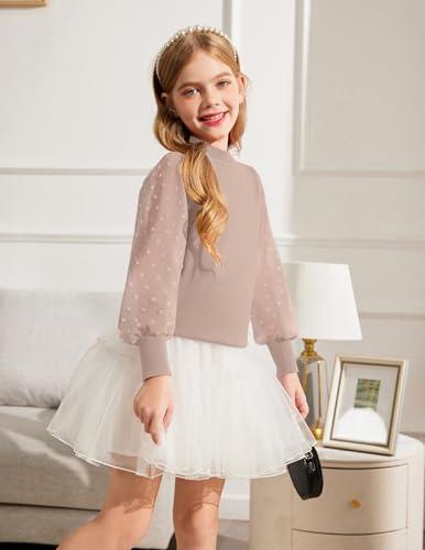 Image of Arshiner Girls Puff Long Sleeve Sweaters Crewneck Lace Polka Dot Casual Knit Tops Pullover Jumper Outwear for Kids