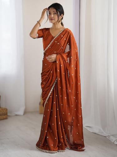 Image of AKHILAM Women's Pure Georgette Embroidered Saree With Unstitched Blouse Piece