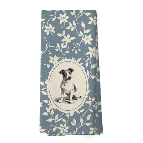 XPH Blue Floral Jack Russell Dog Kitchen Dish Towels, Jack Russell Gifts for Women, Dog Lovers Mom Gifts, Vintage Flower Cottagecore Hand Towel Kitchen Tea Towels Decorations, 16x24inch