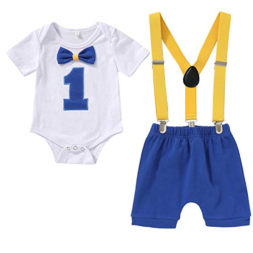 Baby Boys Birthday Cake Smash Outfit 1st Birthday Gentleman Bodysuit Adjustable Y Back Suspenders Clothes Set (Blue, 12-18 Months)