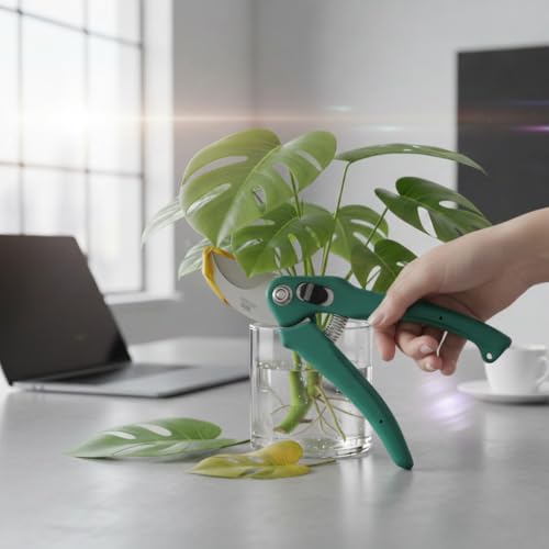 Image of Garden Pruning Shears, Stainless Steel Blades, Green Handle, Spring Loaded with Safety Lock and Wrist Strap