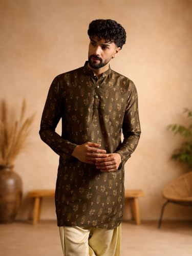 Image of Amazon Brand - Tavasya Men Silk Blend Ethnic Motif Printed Embellished Long Kurta | Regular Fit | Ethnic Wear | Full Sleeve