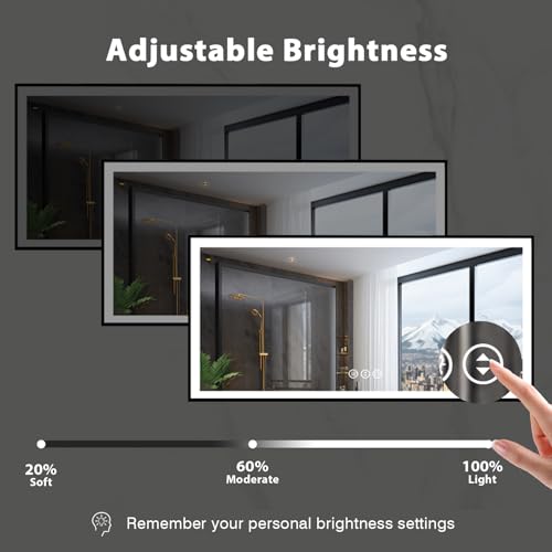 84x40 Large Light up Bathroom Mirror, Wall-Mounted LED Vanity Mirrors, Black Trim and Double Lights, 3 Colors and Stepless Dimming, Anti-Fog, Memory, Shatterproof (Horizontal/Vertical)