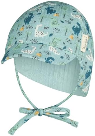 Sterntaler Schirmmütze Nackenschutz Dinos – Leichte Kindermütze aus Bio-Baumwoll-Musselin mit Dino-Print, Ohrenklappen, Gummi, Bindeband und Innenfutter, UV-Schutz 50+