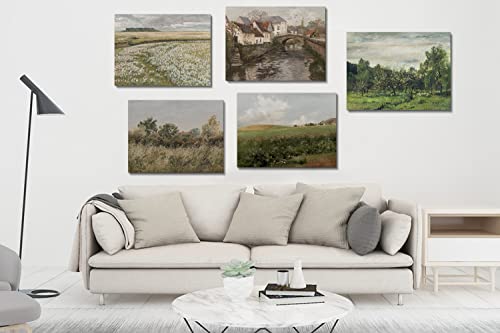 Framed Canvas Print Wall Art, Farmhouse Decor, Village House By The River, Country-Side View Photography Realism Oil Painting For Living Room, Bedroom, Office Wall Decor, Old European Country River, Wrapped Framed #TOP6