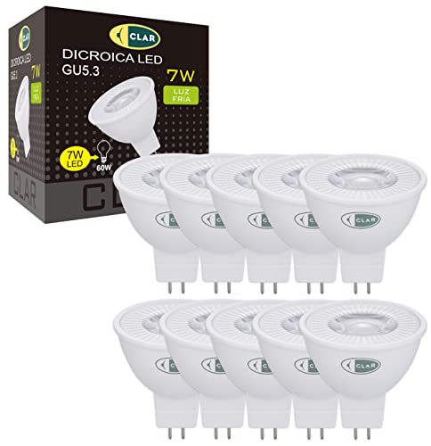 CLAR   Bombilla LED GU5.3, Dicroica LED 12V, MR16 7W, 7W Blanco frío 6000ºK (Pack 10)