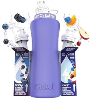 Cirkul 32oz. Matte Periwinkle Stainless Steel Water Bottle Starter Kit with Periwinkle Lid, 2 Flavor Cartridges (1 LifeSip Blackberry Blueberry, 1 GoSip Berry Blue Punch) No Sugar, Zero Calorie Drink